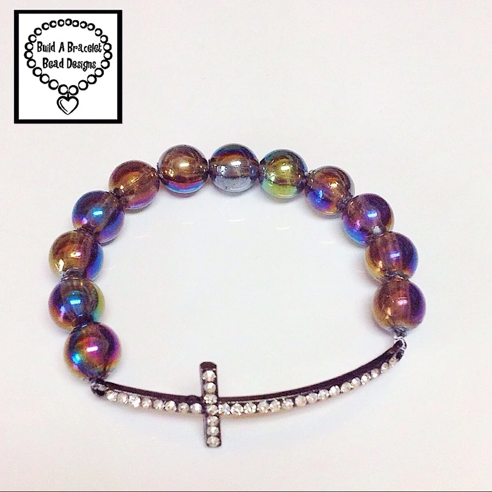 Rainbow Iridescent Sideways Cross Bracelet Stretch Y2K Gothic Girls Jewelry